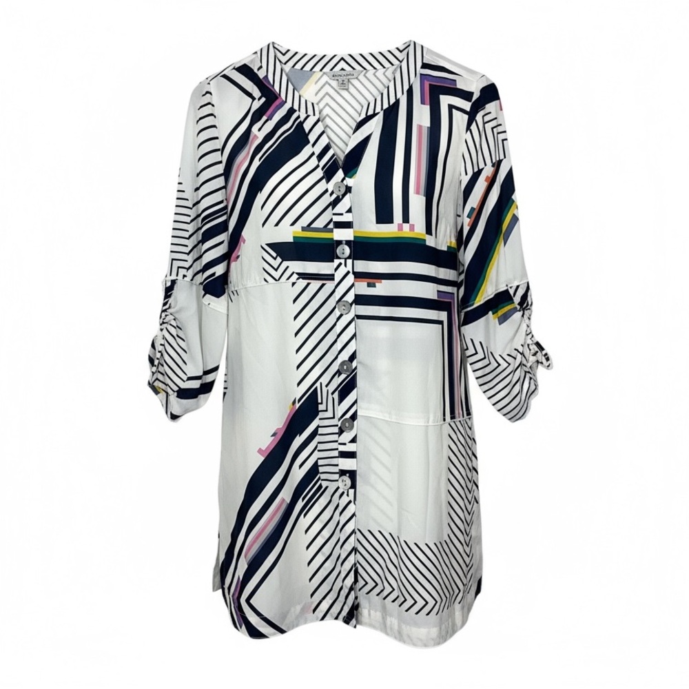 John Mark Multicolor Abstract Geo Button Up Tunic Blouse Size M